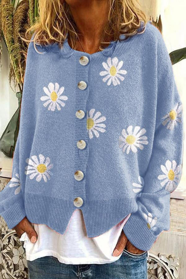 Camisola de malha com bordado floral — gola redonda e manga comprida