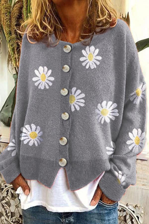 Camisola de malha com bordado floral — gola redonda e manga comprida