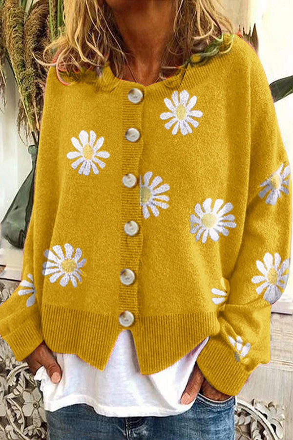 Camisola de malha com bordado floral — gola redonda e manga comprida