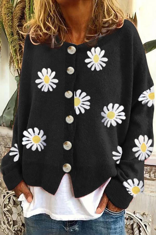 Camisola de malha com bordado floral — gola redonda e manga comprida