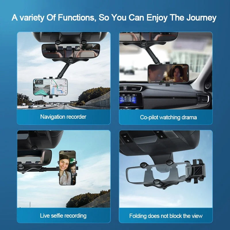 Car Rearview Mirror Phone Holder — 360° Rotating, Multifunctional