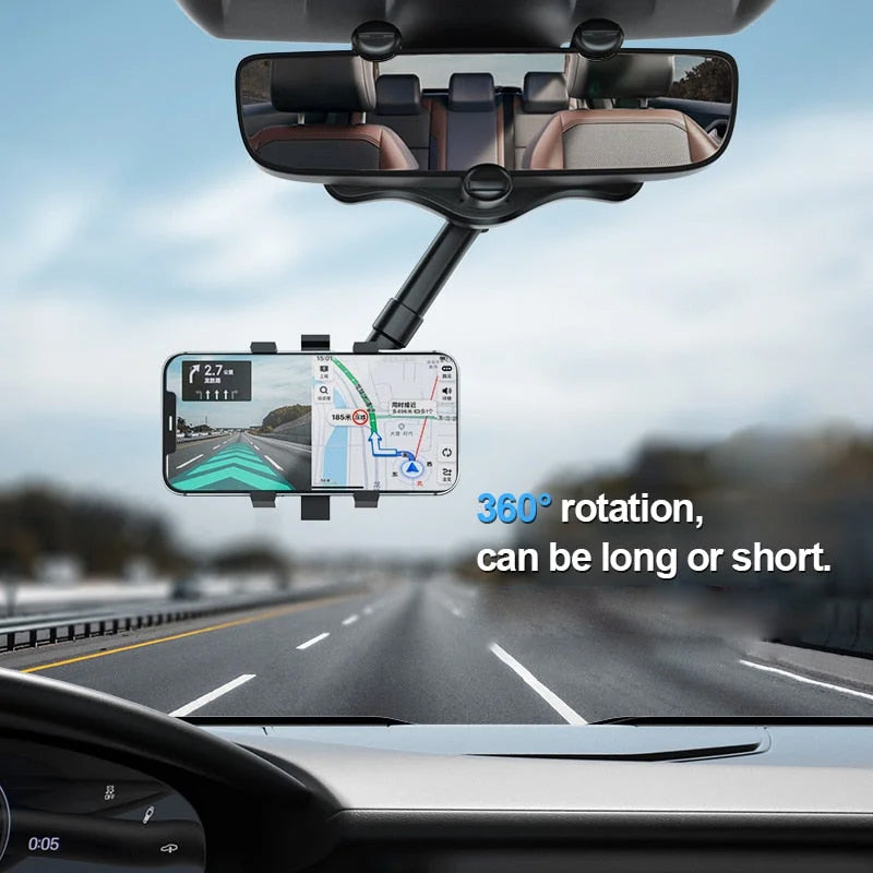 Car Rearview Mirror Phone Holder — 360° Rotating, Multifunctional