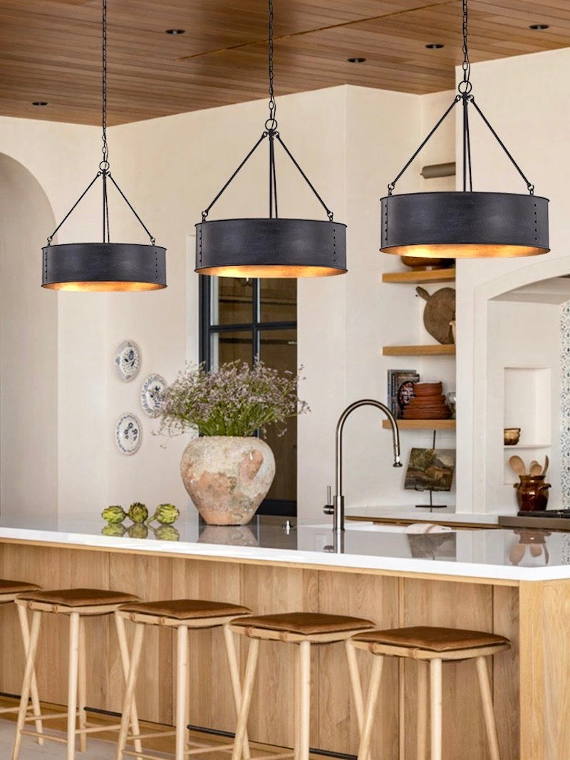 Velara Round Black Drum Pendant Light - Industrial Vintage Style for Dining Room or Living Room | Souliia