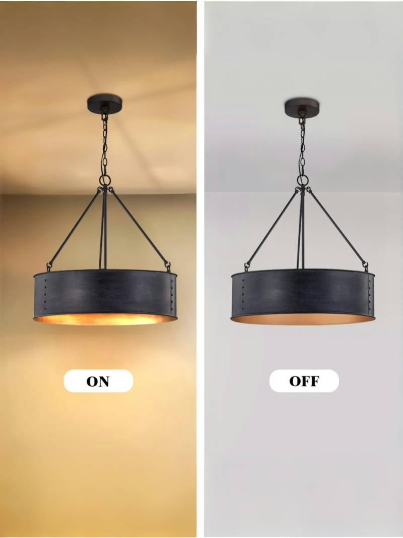Velara Round Black Drum Pendant Light - Industrial Vintage Style for Dining Room or Living Room | Souliia