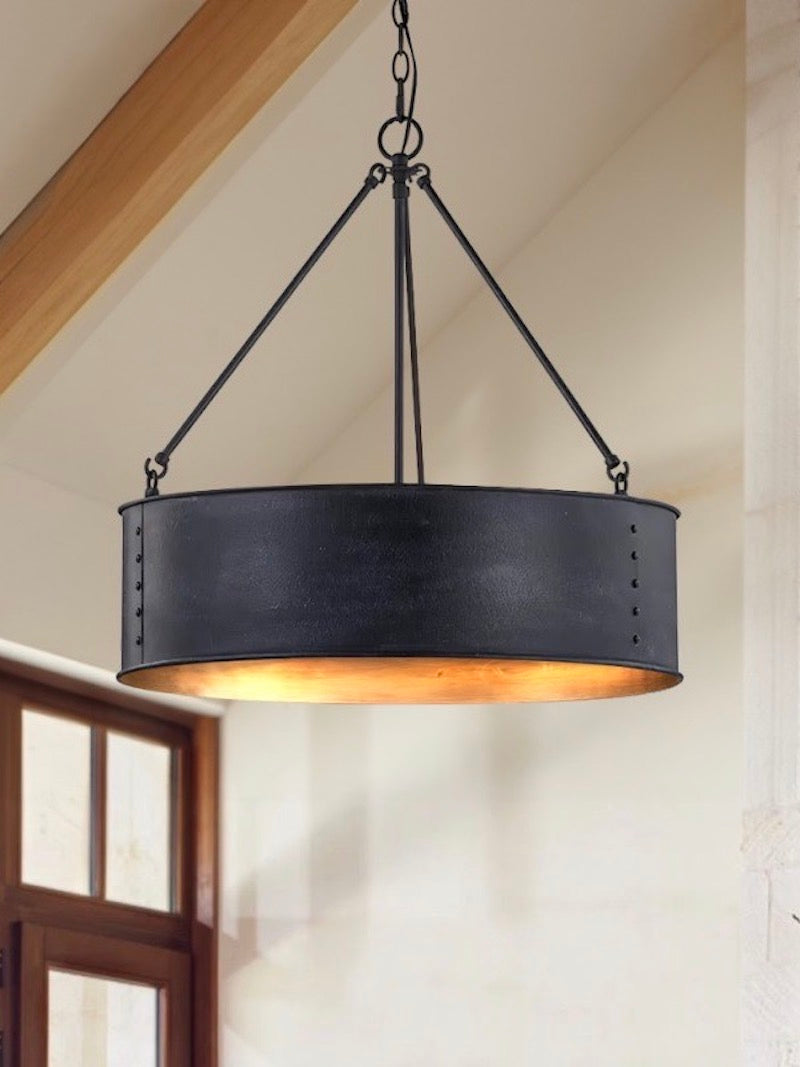 Velara Round Black Drum Pendant Light - Industrial Vintage Style for Dining Room or Living Room | Souliia