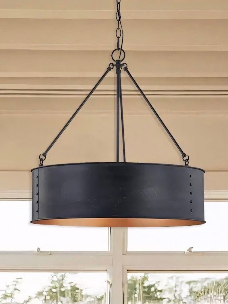 Velara Round Black Drum Pendant Light - Industrial Vintage Style for Dining Room or Living Room | Souliia