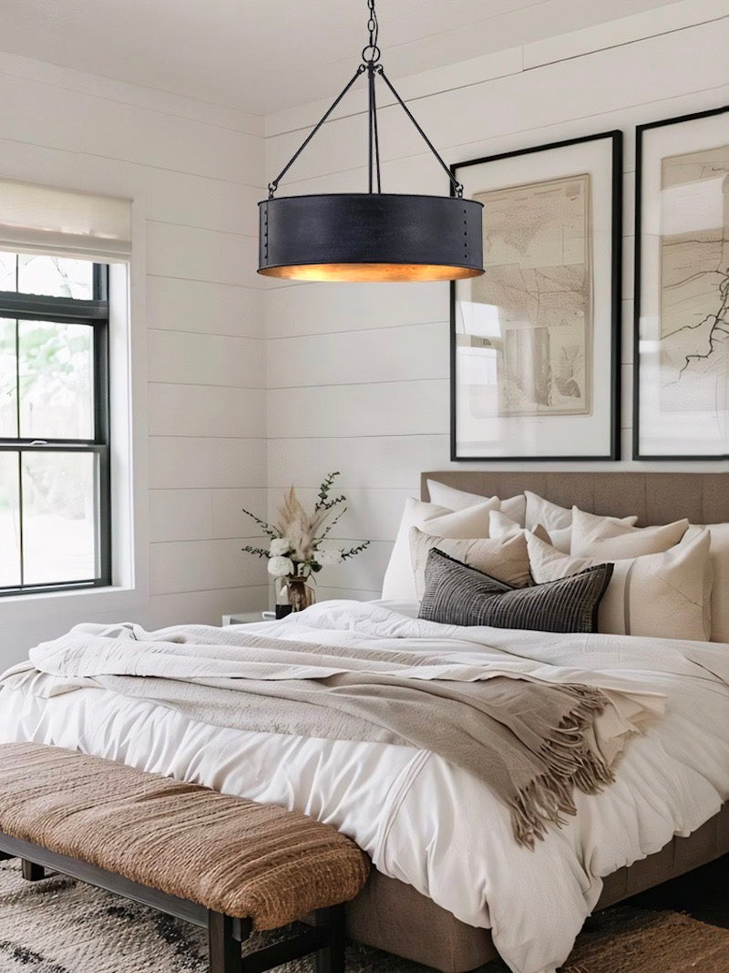 Velara Round Black Drum Pendant Light - Industrial Vintage Style for Dining Room or Living Room | Souliia