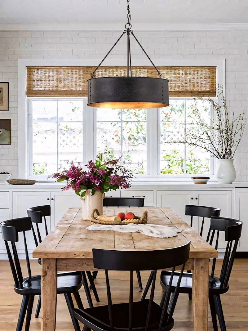 Velara Round Black Drum Pendant Light - Industrial Vintage Style for Dining Room or Living Room | Souliia