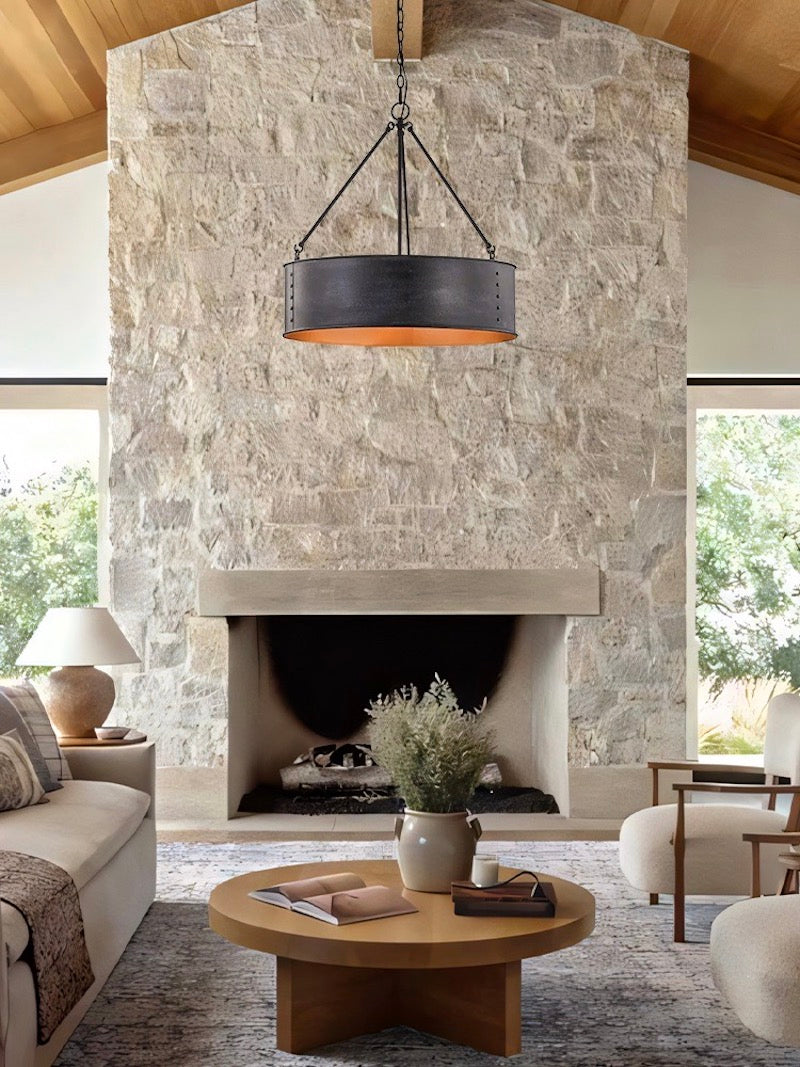 Velara Round Black Drum Pendant Light - Industrial Vintage Style for Dining Room or Living Room | Souliia