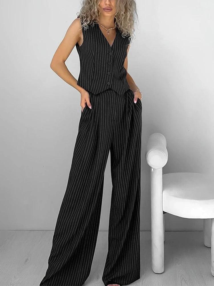 Striped Vest and Pants Two-Piece Set — V-Neck Spring Style