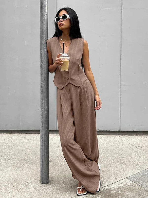 Striped Vest and Pants Two-Piece Set — V-Neck Spring Style