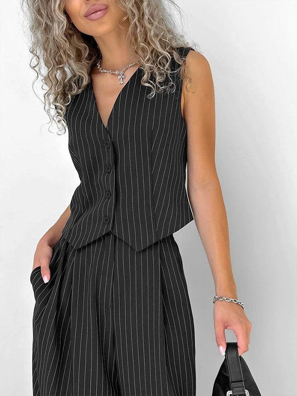 Striped Vest and Pants Two-Piece Set — V-Neck Spring Style