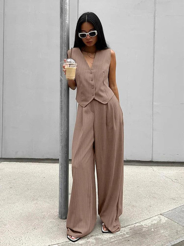Striped Vest and Pants Two-Piece Set — V-Neck Spring Style