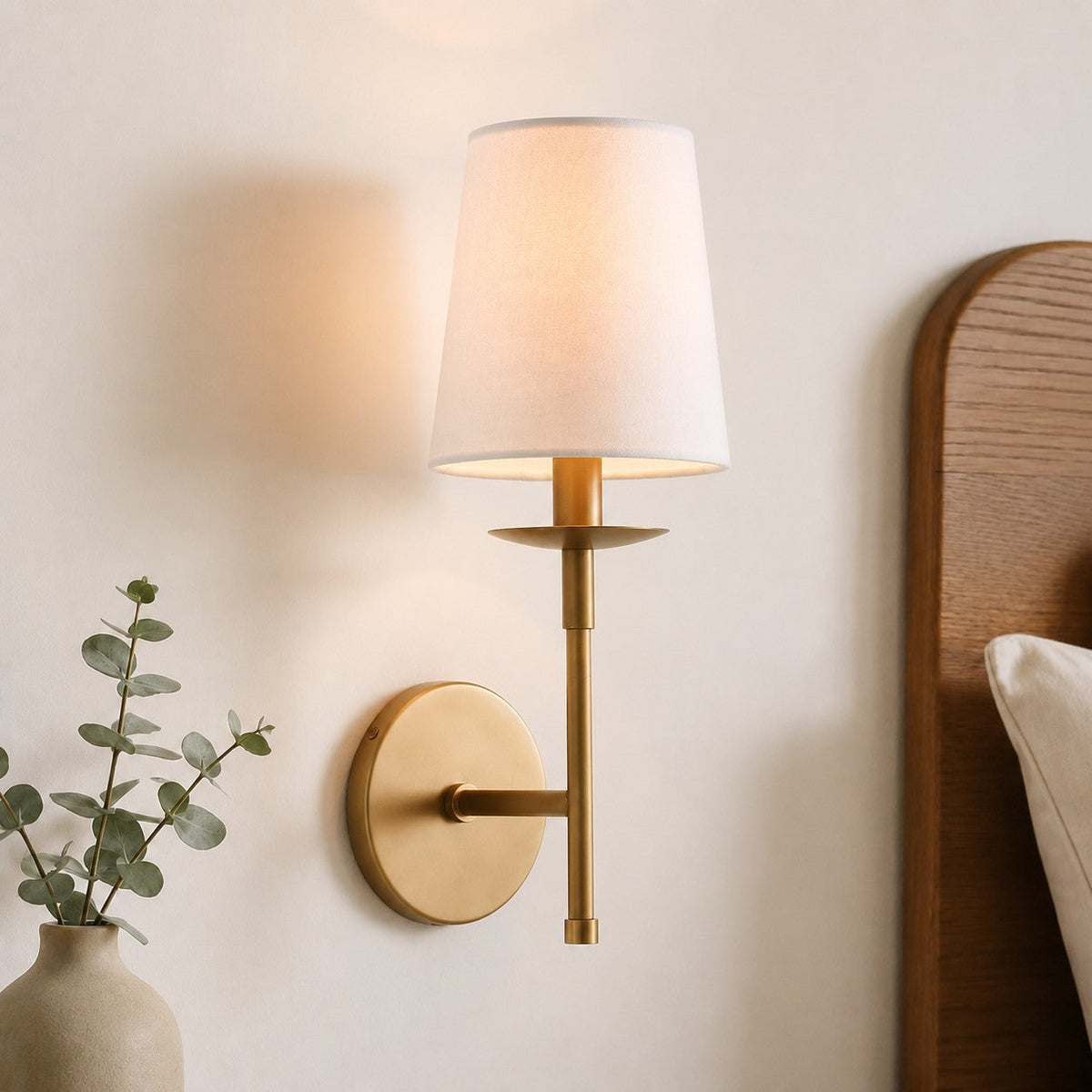 Rowan Classic Linen Wall Sconce - Brass Light With Fabric Drum Shade | Souliia