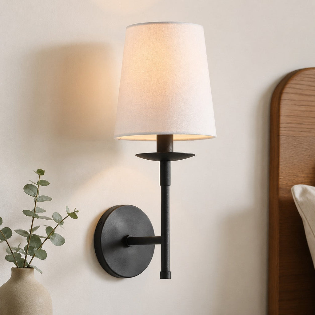 Rowan Classic Linen Wall Sconce - Brass Light With Fabric Drum Shade | Souliia