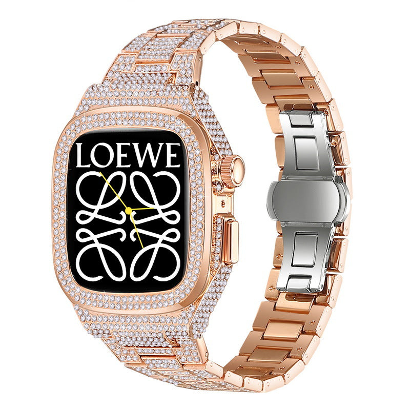 NovaLux Polished Stainless Case Strap — Rhinestone & Diamond Accent, Apple Watch 44-45mm