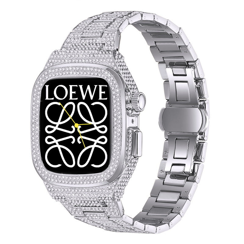 NovaLux Polished Stainless Case Strap — Rhinestone & Diamond Accent, Apple Watch 44-45mm