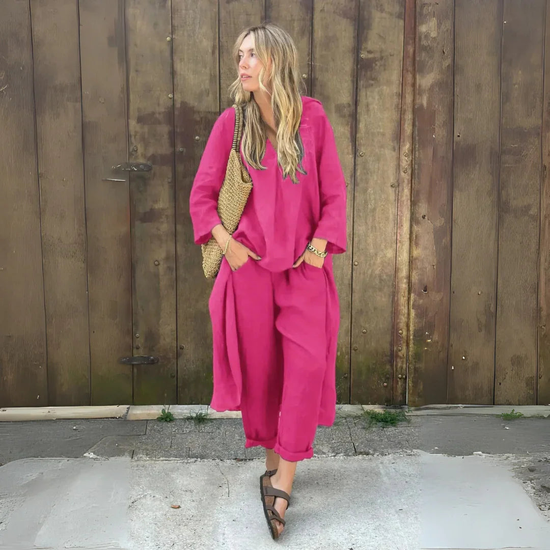 Ensemble deux pièces ample à col en V uni avec poches