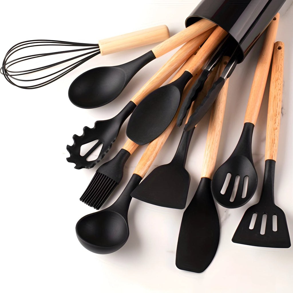 Twelve-Piece Silicone Kitchen Utensil Set with Bamboo Grips - Souliia