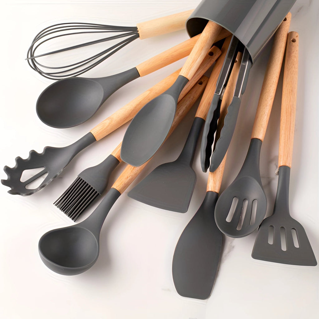 Twelve-Piece Silicone Kitchen Utensil Set with Bamboo Grips - Souliia