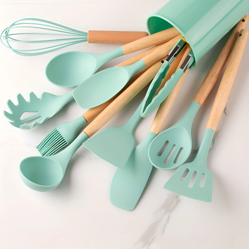 Twelve-Piece Silicone Kitchen Utensil Set with Bamboo Grips - Souliia