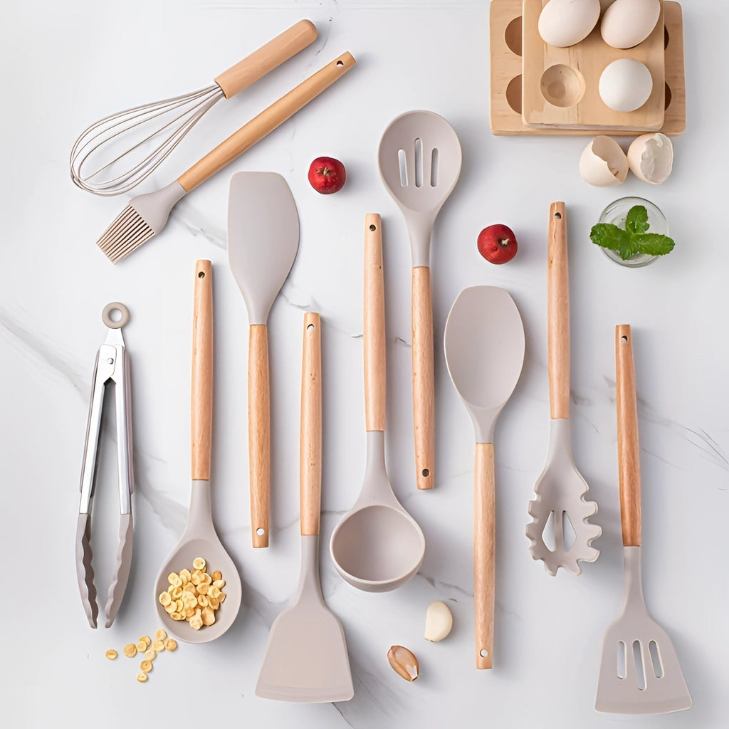 Twelve-Piece Silicone Kitchen Utensil Set with Bamboo Grips - Souliia
