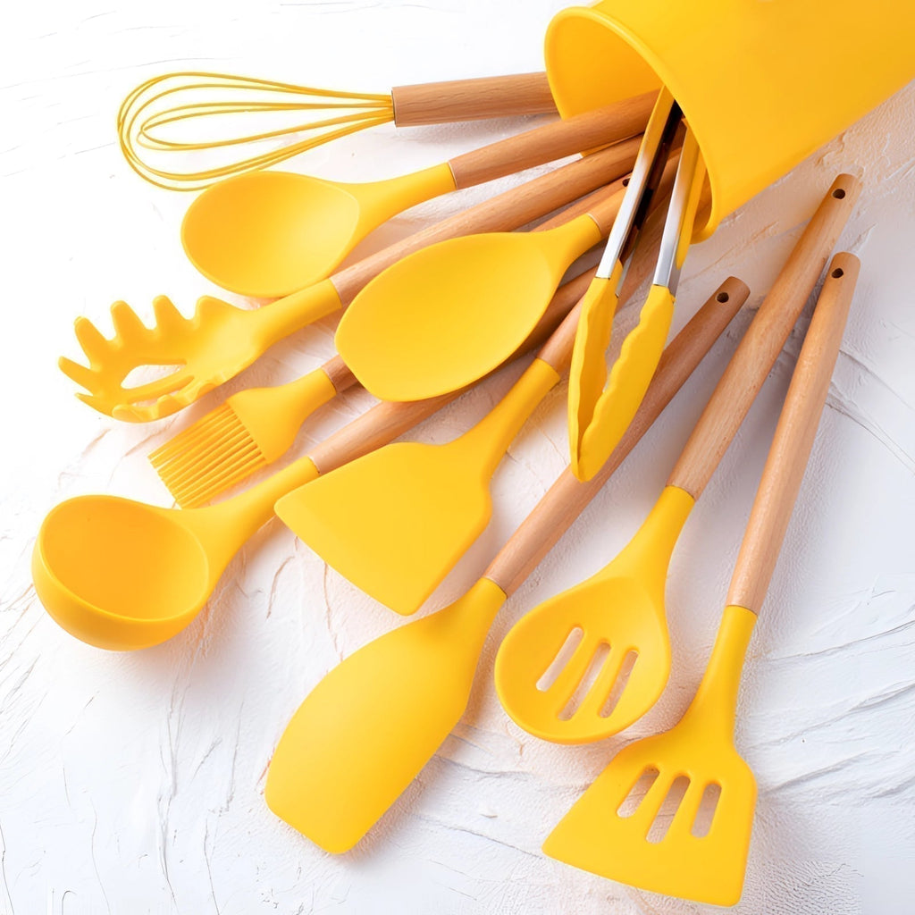 Twelve-Piece Silicone Kitchen Utensil Set with Bamboo Grips - Souliia