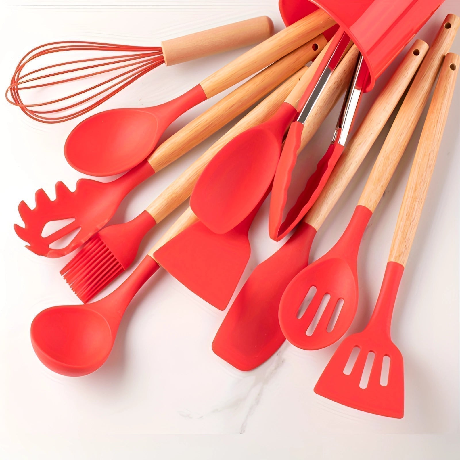 Twelve-Piece Silicone Kitchen Utensil Set with Bamboo Grips - Souliia