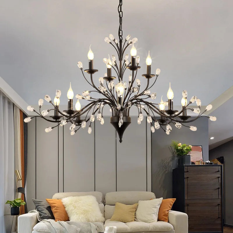 LumaFlora Crystal LED Chandelier — Vintage Floral Ironwork Branch Silhouette