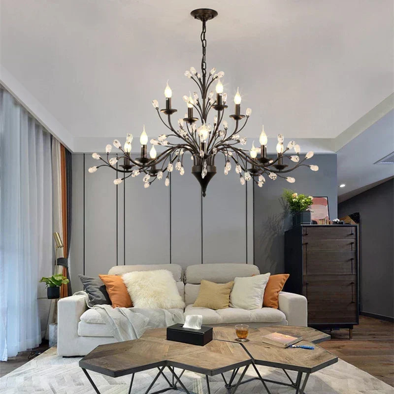 LumaFlora Crystal LED Chandelier — Vintage Floral Ironwork Branch Silhouette