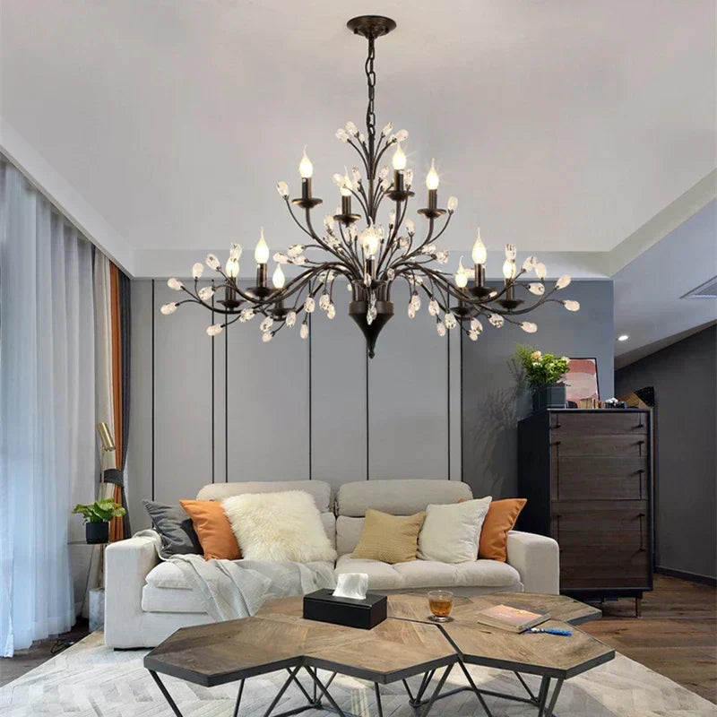 LumaFlora Crystal LED Chandelier — Vintage Floral Ironwork Branch Silhouette