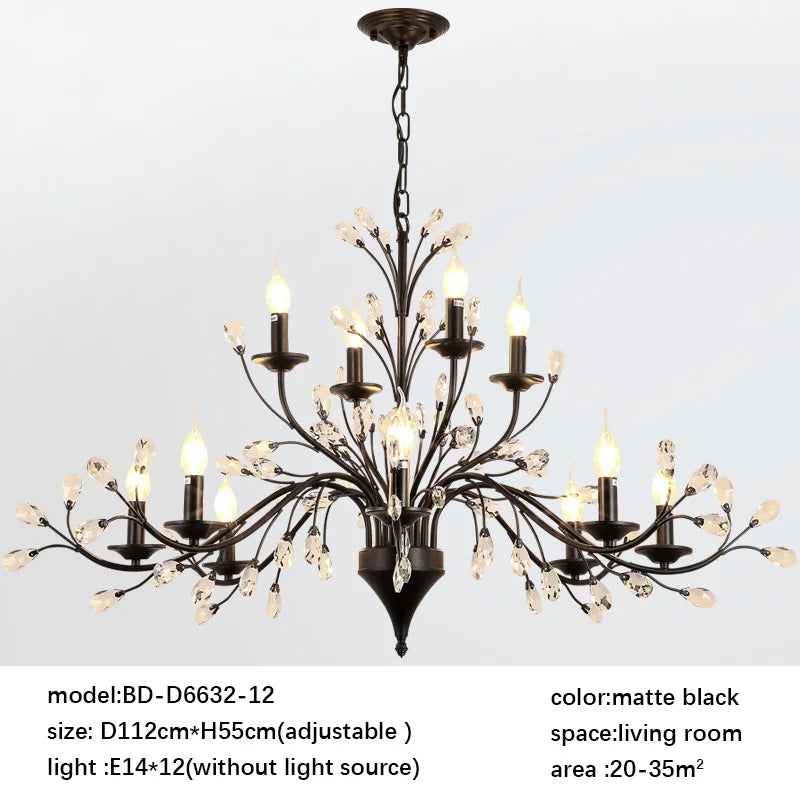 LumaFlora Crystal LED Chandelier — Vintage Floral Ironwork Branch Silhouette