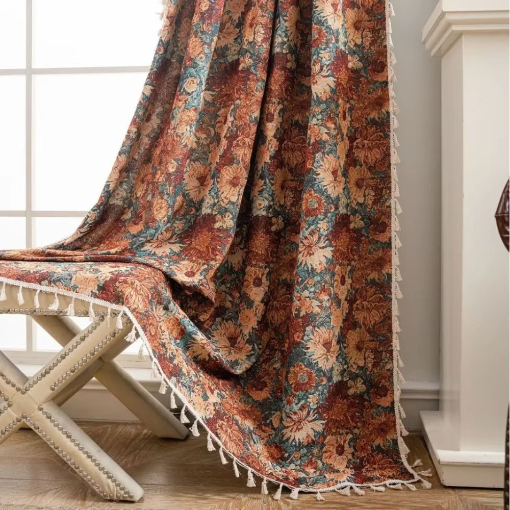 Fleurtasse Vintage Floral Curtain Panel — Tassel Accent, Light Filtering