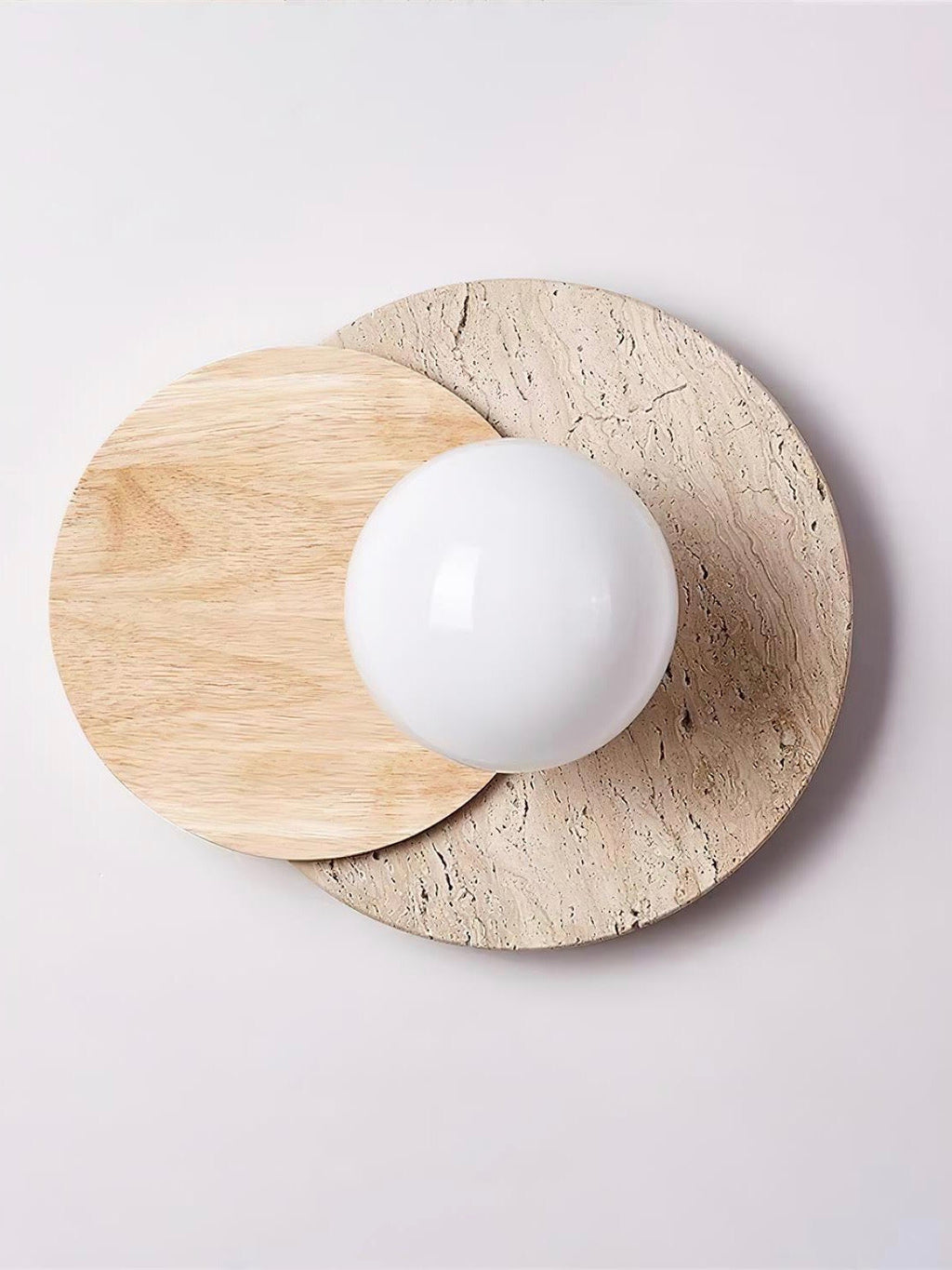 Rund væglampe i travertin og træ i wabi-sabi-stil | Souliia