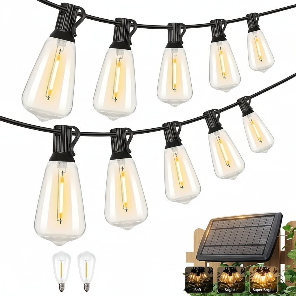 Solara Solar LED String Lights — 100-Foot Length, Dimmable Yellow ST38 Bulbs