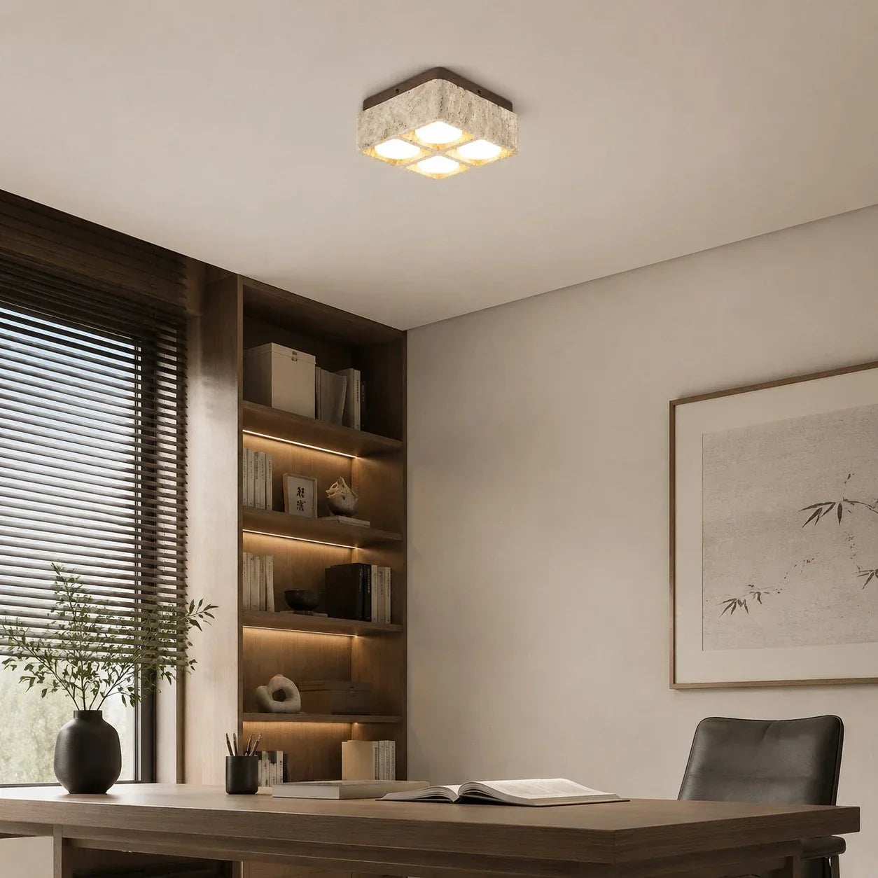 Travertin Quadrat Deckenleuchte mit Holz-Canopy | Souliia