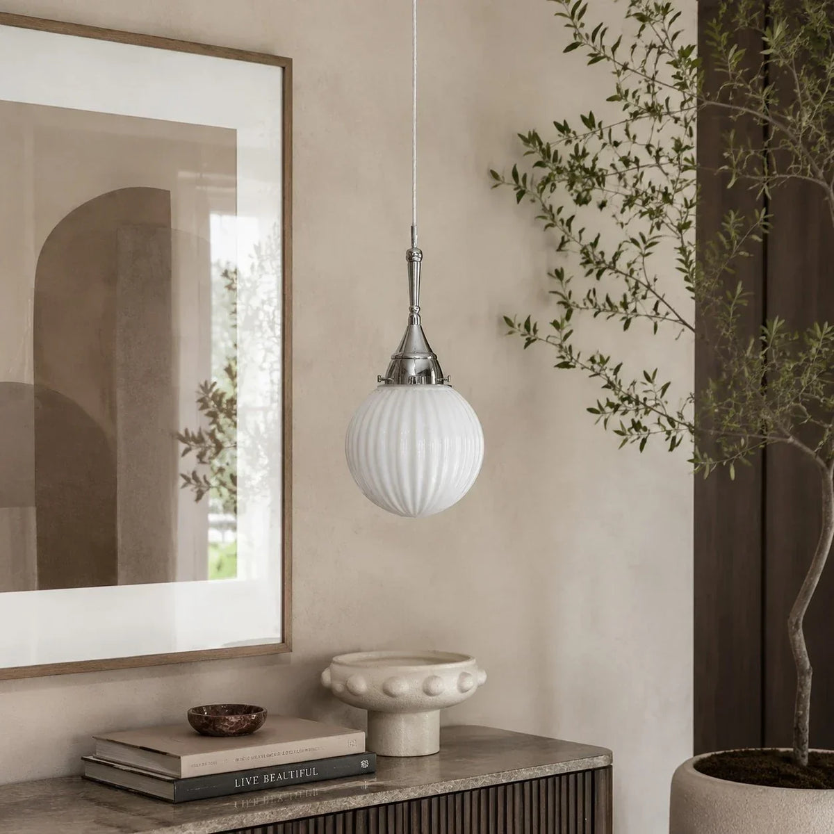 Ribbed Milk Glass Pendant Light | Souliia