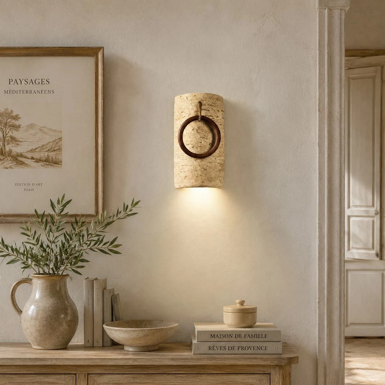 Travertine Wood Ring Wall Sconce | Souliia