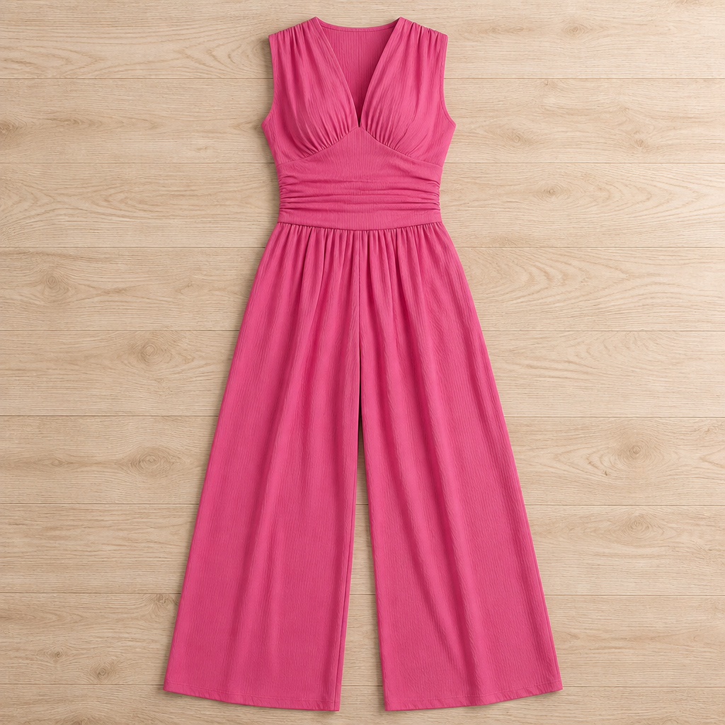 Verisse – Flowy Wide-Leg Jumpsuit with Ruched Waist and Deep V-Neck - Souliia