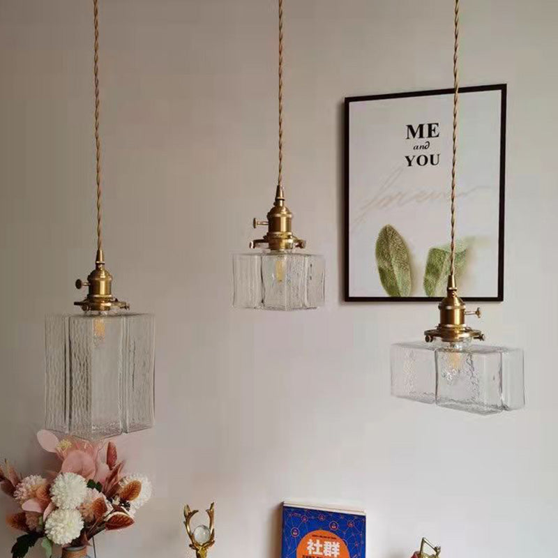 Traditionelle Vintage Quadrat Rechteck Wellen-Glas Eisen 1-Flammige Pendelleuchte für Wohnzimmer | Souliia