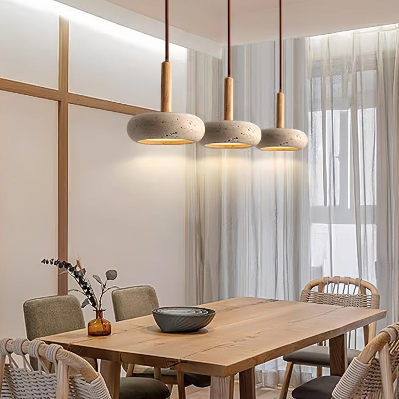 Traditional Japanese Round Wood Travertine Pendant Light M18 | Souliia