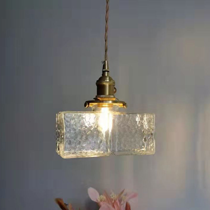 Traditionelle Vintage Quadrat Rechteck Wellen-Glas Eisen 1-Flammige Pendelleuchte für Wohnzimmer | Souliia