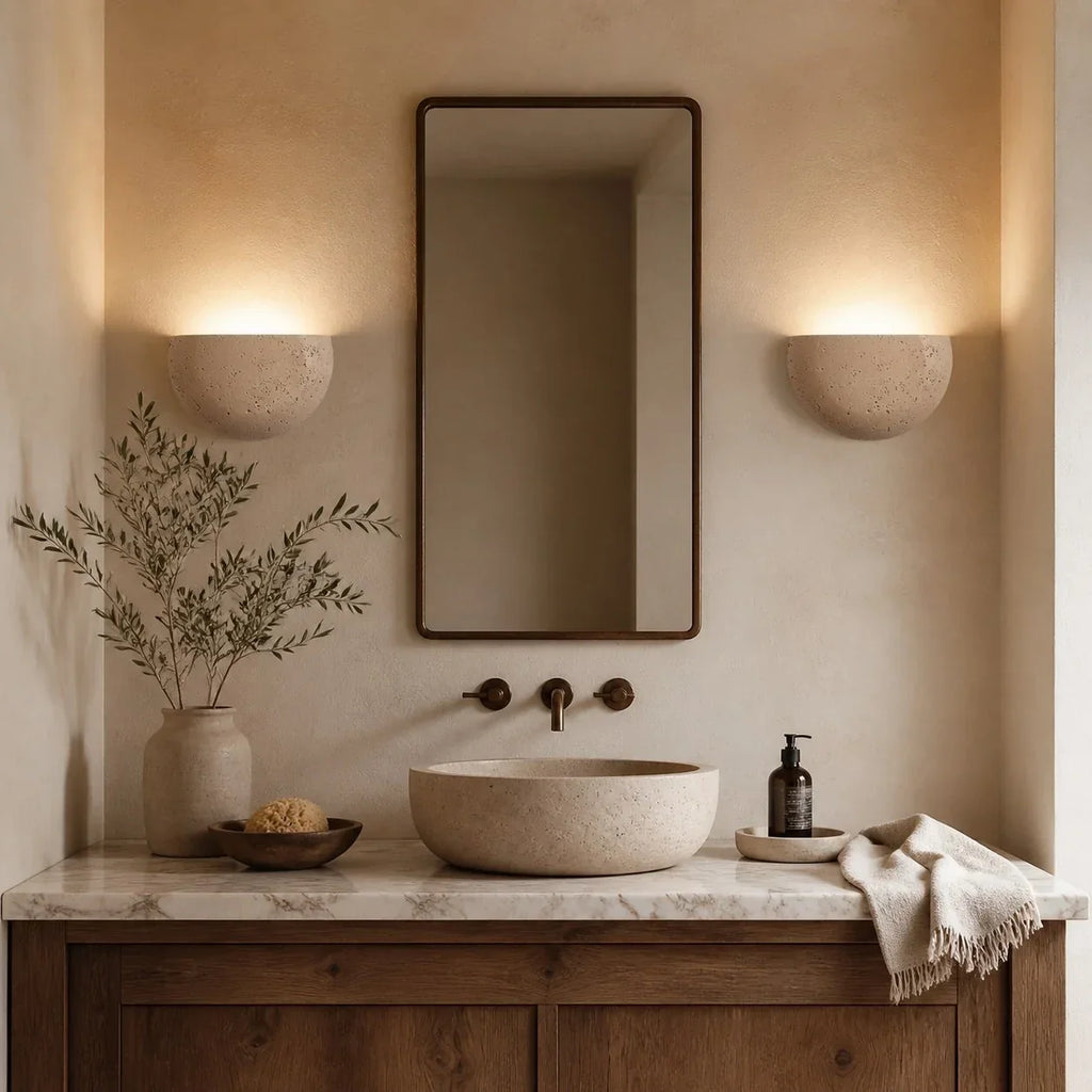 Travertine Style Wall Sconce, Off White Half Bowl Bedside Wall Light for Bedroom, Hallway and Dining Nook | Souliia