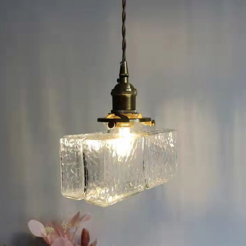 Traditionelle Vintage Quadrat Rechteck Wellen-Glas Eisen 1-Flammige Pendelleuchte für Wohnzimmer | Souliia