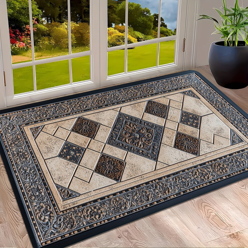 Stylehaven Machine Washable Floor Mat — Structured Geometric Border Trim