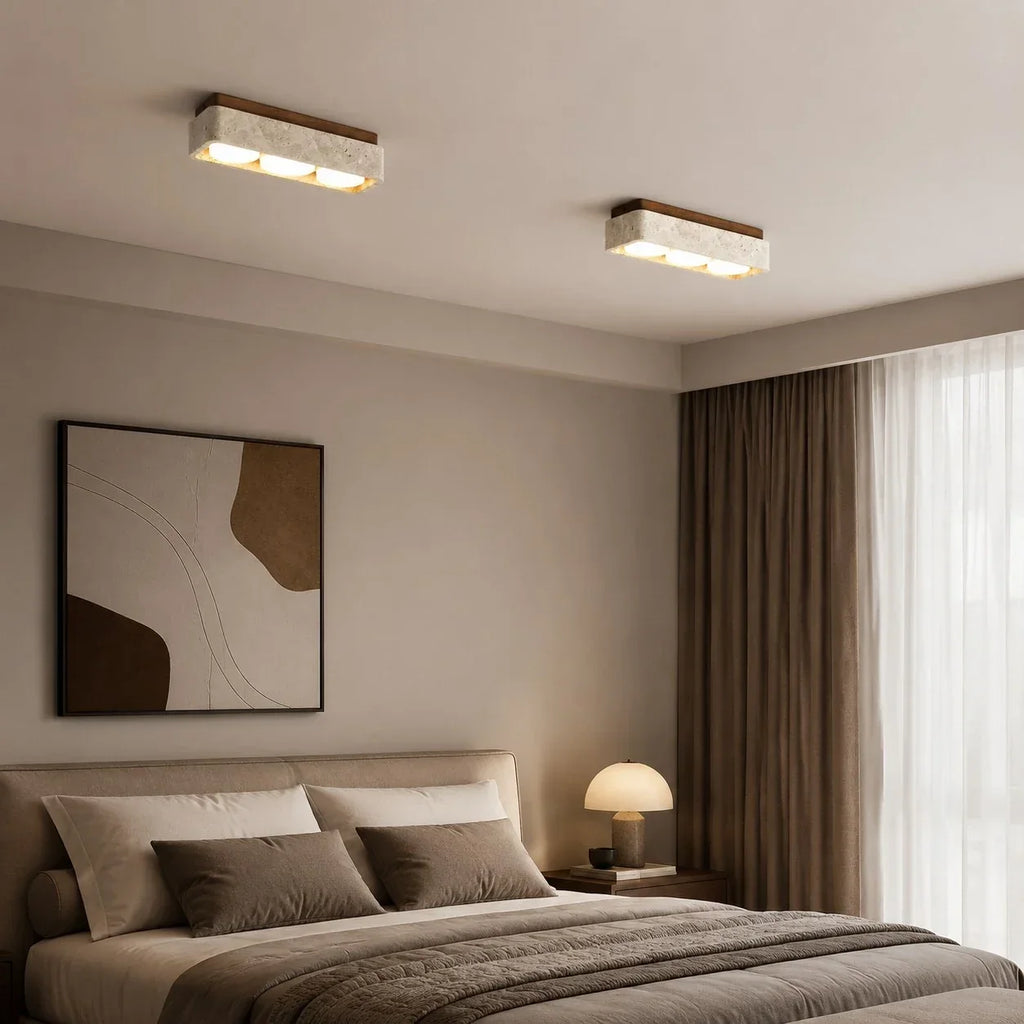 Travertin Quadrat Deckenleuchte mit Holz-Canopy | Souliia