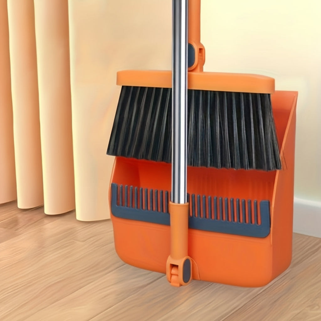 Cleansweep Pro Long-Handle Broom & Dustpan Set — 360° Rotating Head, Built-In Comb Teeth