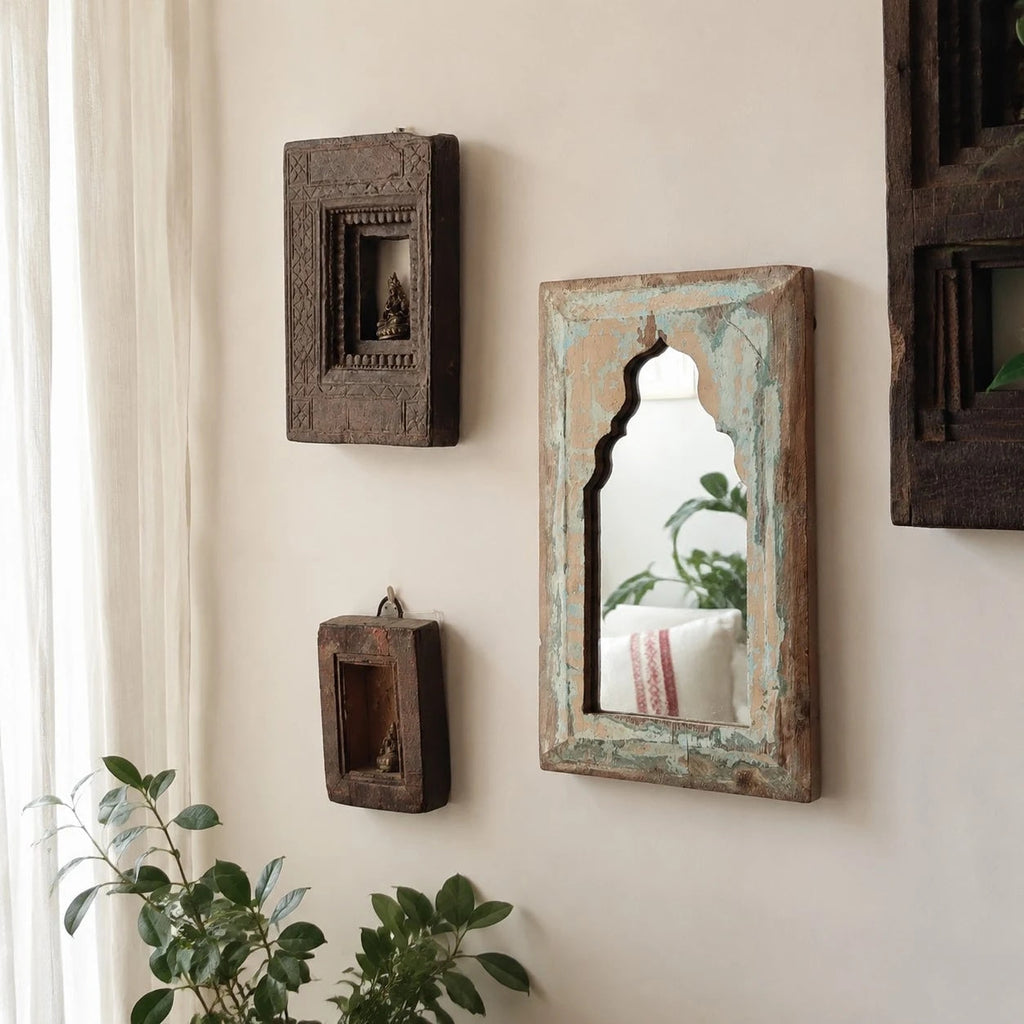 Rustic Carved Wood Arch Wall Mirror | Souliia