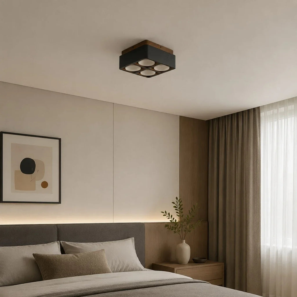 Travertin Quadrat Deckenleuchte mit Holz-Canopy | Souliia