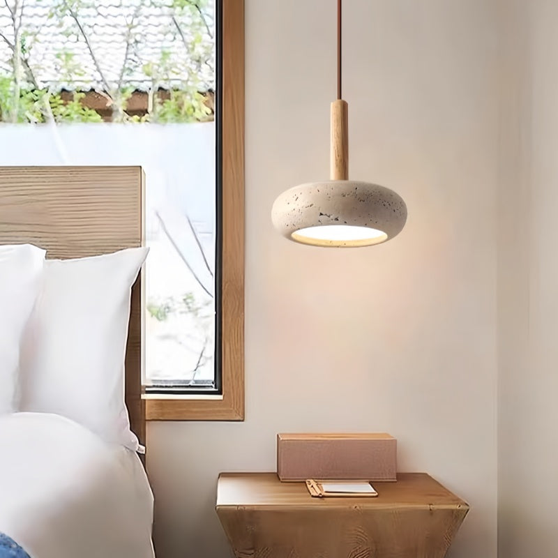 Traditional Japanese Round Wood Travertine Pendant Light M18 | Souliia